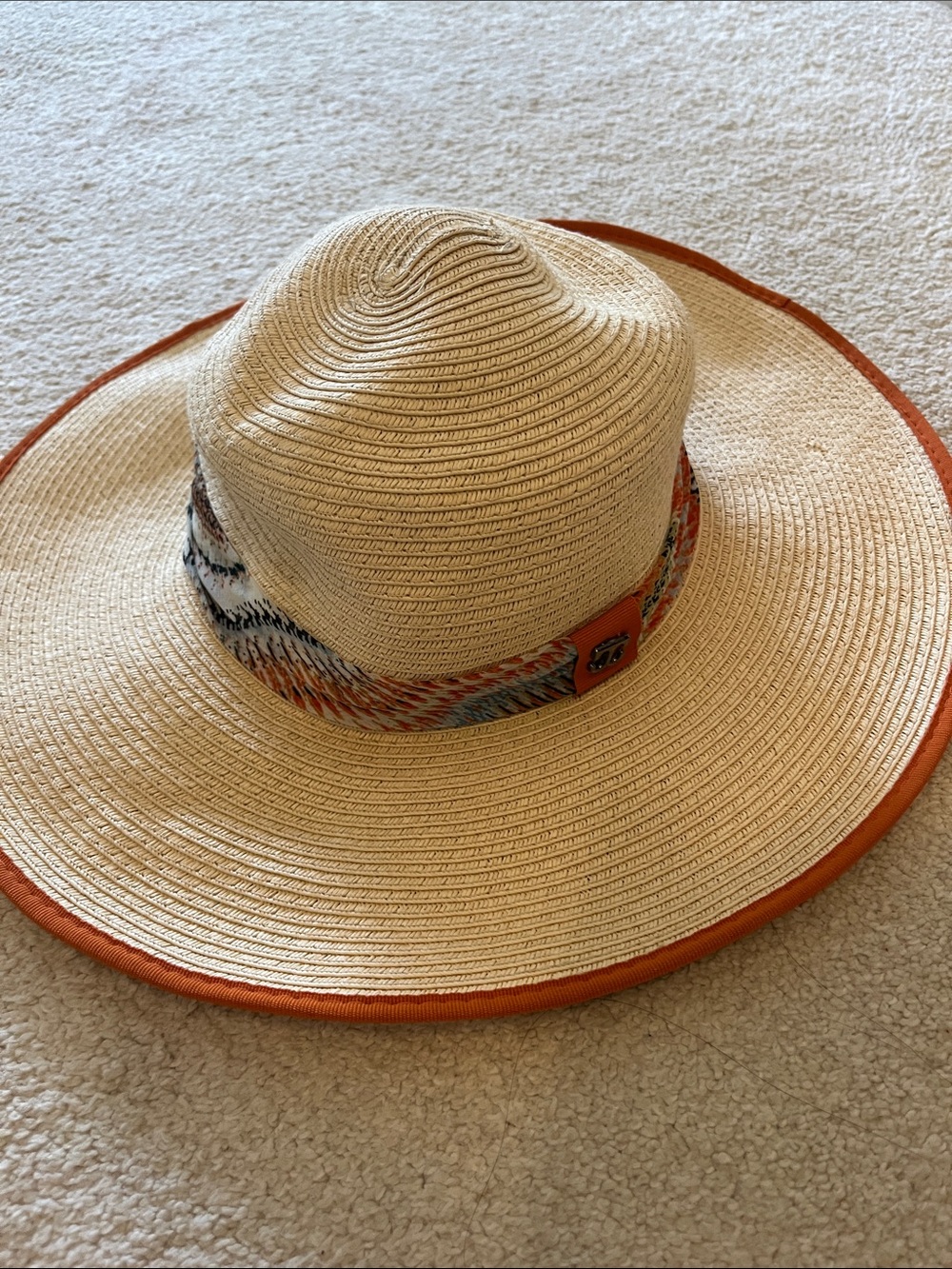 Wide Brim Straw Sun Hat with Orange Trim